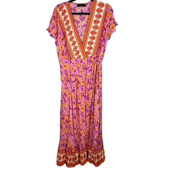 Retro Floral Wrap Maxi Dress XL Pink Boho Western Preppy Chic Colorful Feminine - Picture 1 of 12
